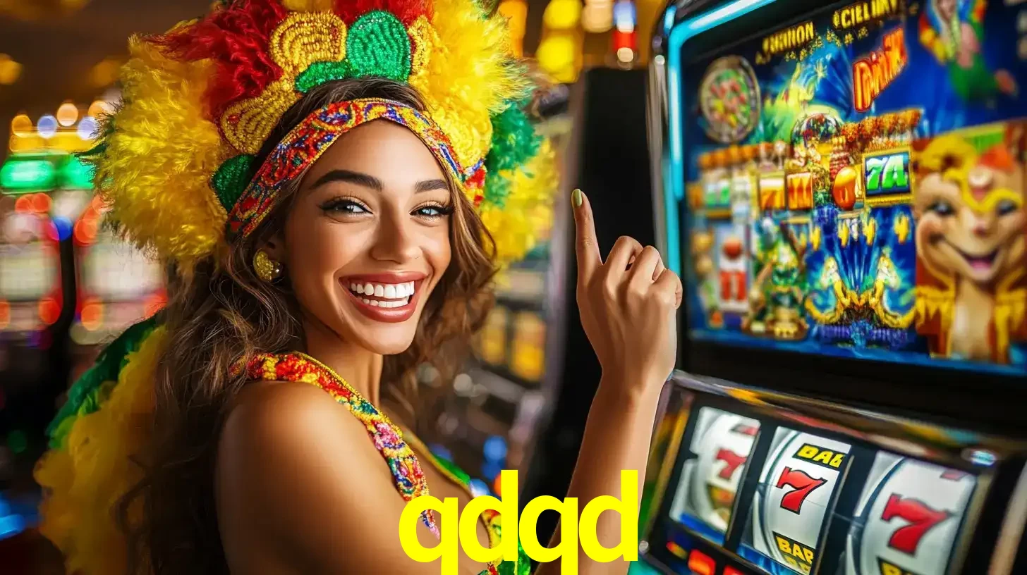 Mulher animada com um cocar de carnaval apontando para uma máquina de caça-níqueis, mostrando a emoção de ganhar um grande prêmio nos jogos do qdqd.