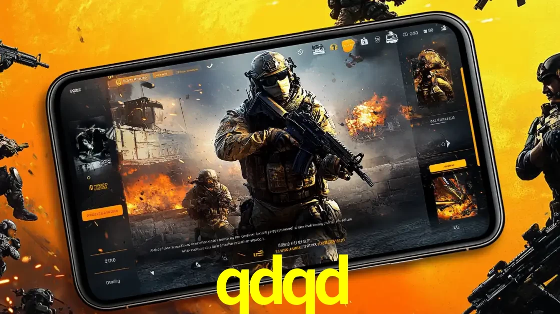 Um smartphone exibindo a interface de um jogo de tiro em primeira pessoa, com um soldado em um cenário de batalha, representando a ação dos e-sports para apostar no qdqd.