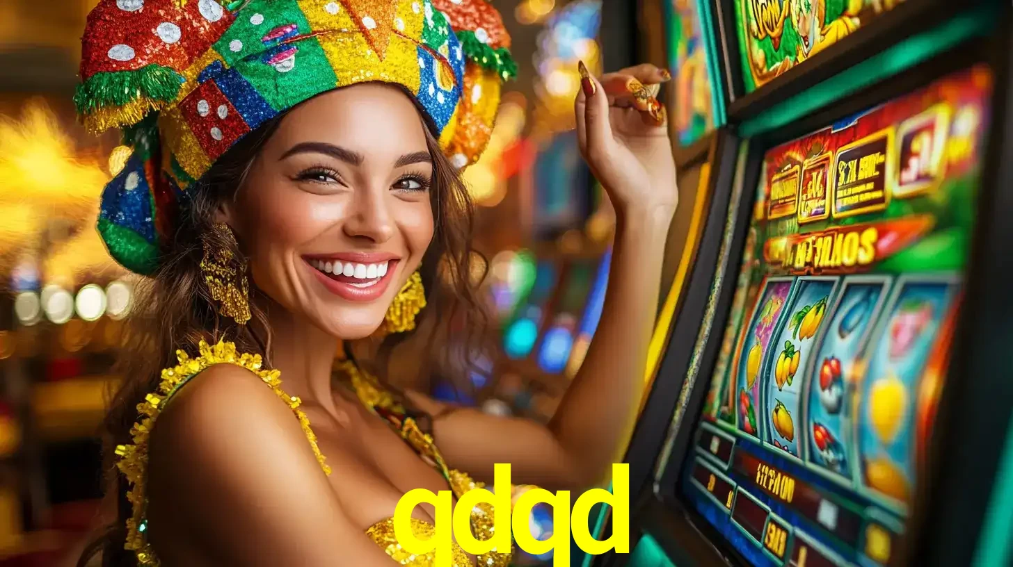 Mulher feliz com traje de carnaval amarelo e colorido ao lado de uma máquina de caça-níqueis, aproveitando a diversão e os jogos temáticos do cassino qdqd.
